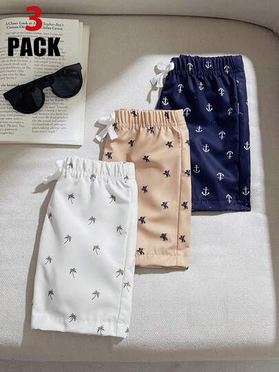 SHEIN 3件套男童休闲多色弹力腰带抽绳印花短裤，适合夏季户外活动、上学、日常穿着、休闲、度假和派对。