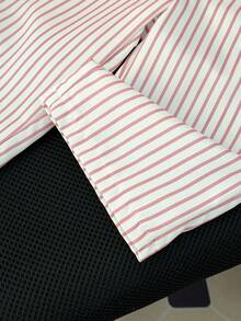 SHEIN 2件組女嬰夏季休閒度假套裝 短袖T恤 刺繡裝飾 杏色條紋長褲 黑白格紋街頭風 - 粉色 - 查看 6