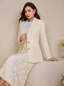 Modelyn Conjunto de traje de negocios minimalista de unicolor para mujer, conjunto de blazer y falda - Albaricoque - Ver 1