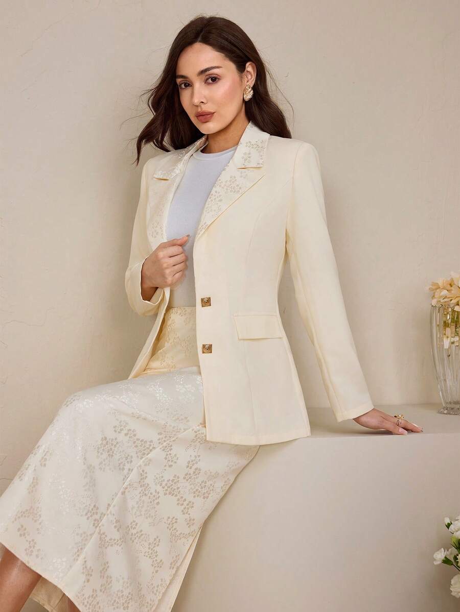 Modelyn Conjunto de traje de negocios minimalista de unicolor para mujer, conjunto de blazer y falda - Albaricoque - Ver 1