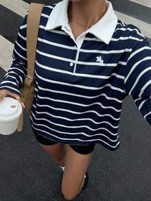 Muchica 女士海军蓝条纹休闲T恤，春秋季水手风女装，学院风/预科风/航海风 - 藏蓝色 - 查看 5