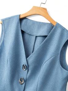 SHEIN LUNE CURVE Conjunto de 2 piezas de talla grande con botones decorativos y ajuste entallado - Azul - Ver 5