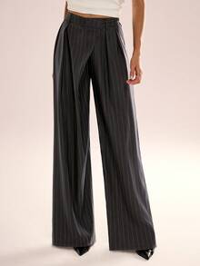 Avenya Women's Casual Everyday Office Commute Pleated Striped Print Loose Wide Leg Pants - Dark Grey - View 1