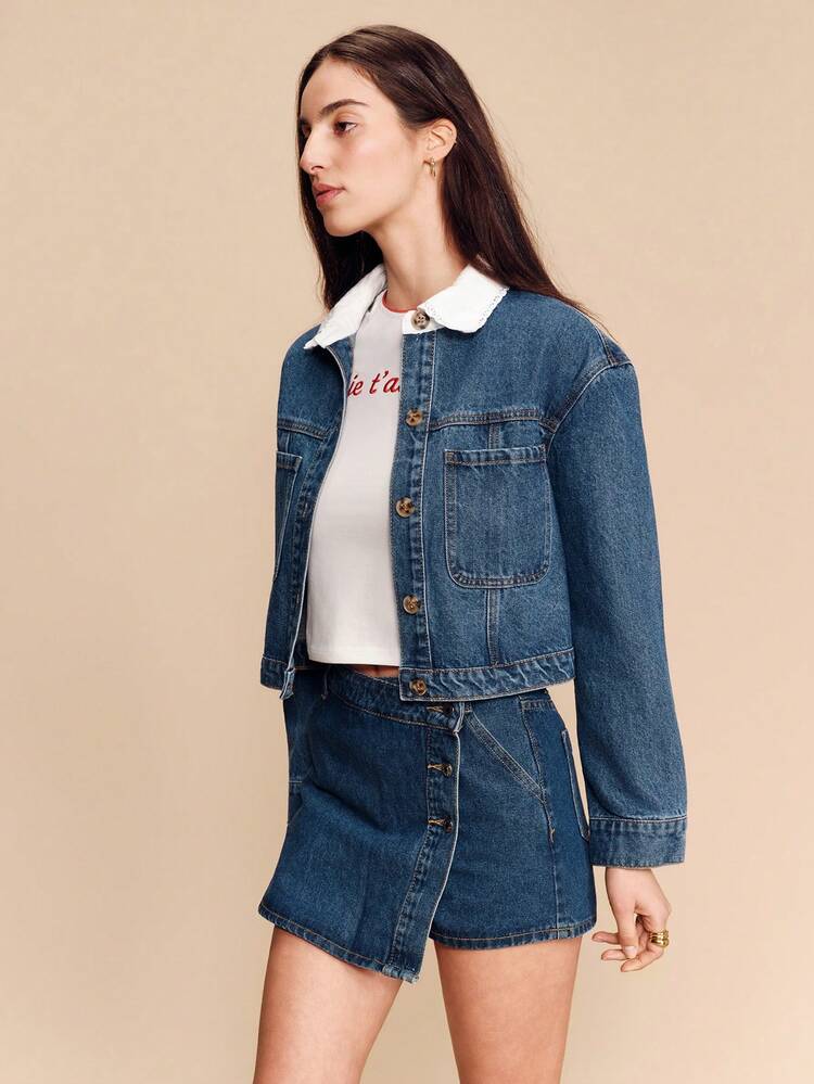 lacRébo Blue Denim Cropped Jacket With White Lace-Trim Collar Vintage Cute Style French Style Parisian Style Cotton Clothes Cotton Jacket - Medium Wash - View 7