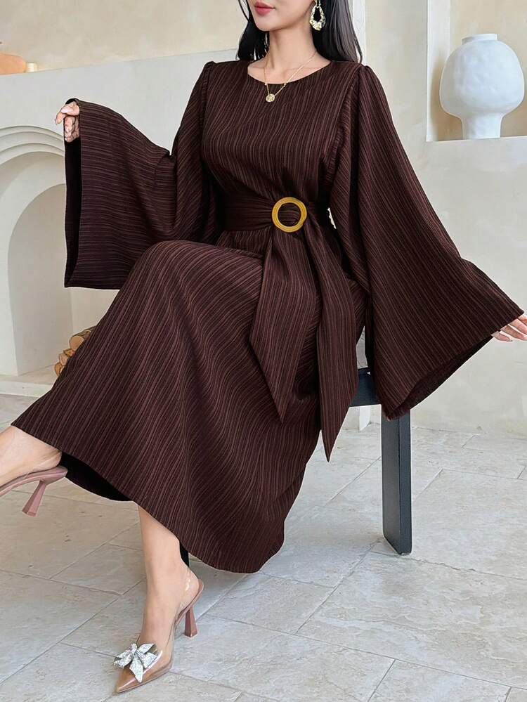 Women's Fashionable Solid Color Round Neck Long Dress Sundress