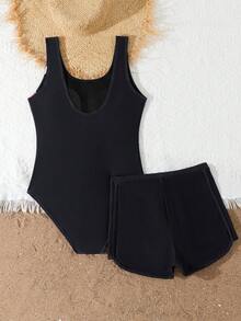 SHEIN Bộ áo tắm một mảnh kiểu dáng thanh lịch, thoải mái dành cho thiếu nữ, họa tiết hoa, cổ yếm, có dây đeo rời và quần short đi biển cùng màu, thích hợp cho bơi lội, kỳ nghỉ hè. - màu đen - Xem 2