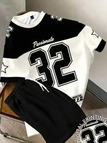 Manfinity Dauomo 男士时尚街头风撞色数字印花圆领短袖T恤短裤套装，夏季 - 彩色 - 查看 1