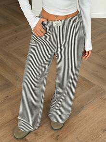 Aidyla Women's Striped Casual Versatile Wide Leg Pants For Daily Wear - Black and White - View 6