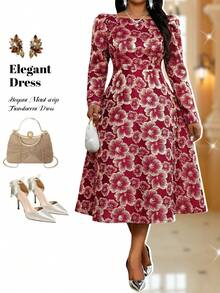 Fleurora Váy midi dài tay jacquard thanh lịch cỡ lớn dành cho nữ, thích hợp cho các bữa tiệc và chuyến đi chơi, mùa thu/đông - Nhiều màu - Xem 3