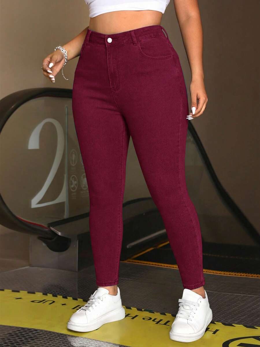 SHEIN ICON Plus Size Women High Waist Pockets Skinny Casual Versatile Jeans - Burgundy - View 1