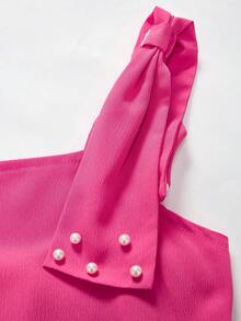 SHEIN 一件少女优雅绉纱连衣裙，配有可拆卸串珠蝴蝶结肩带和贴身腰带，适合休闲、派对和假日穿着。 - 玫紅色 - 查看 4