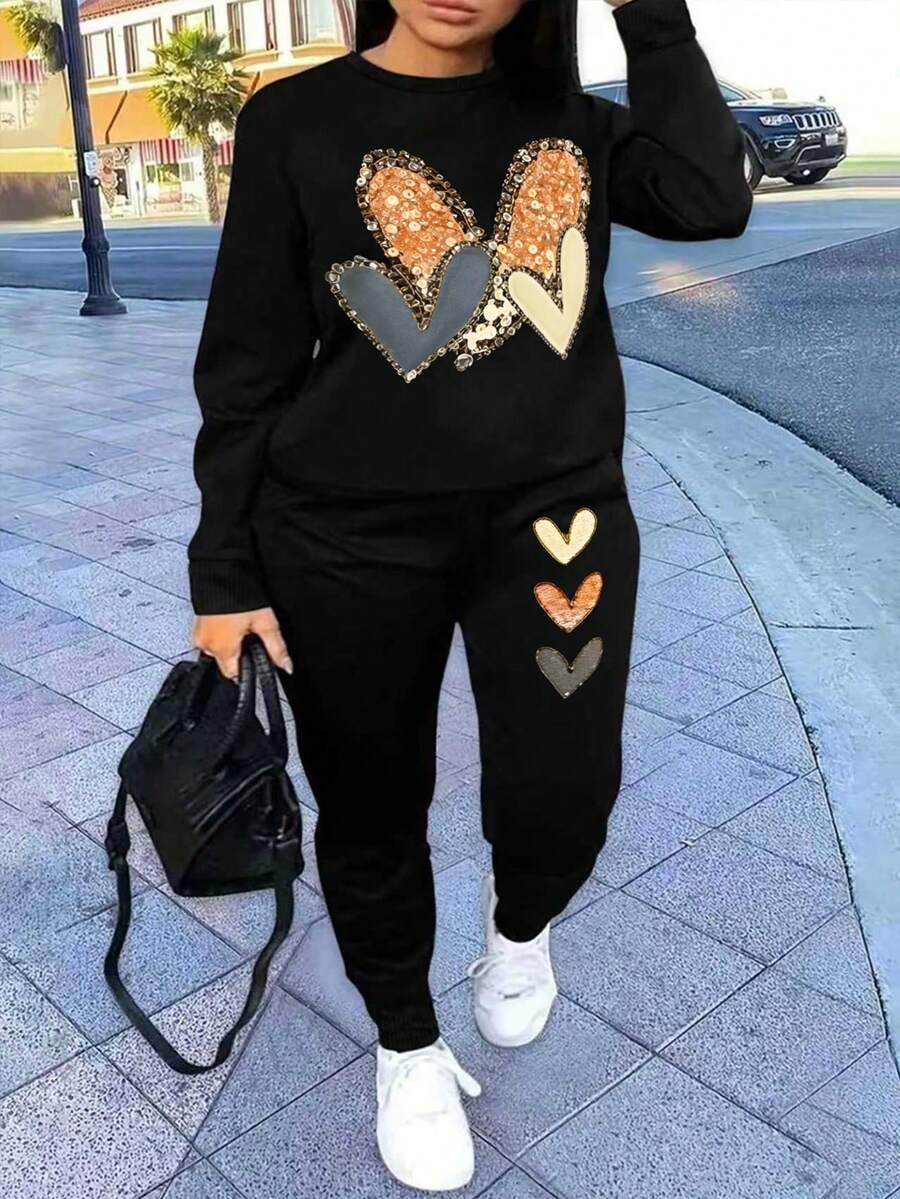 Maweii 大尺碼女款休閒日常通勤時尚街頭亮片愛心印花圓領衛衣與運動褲2件套,春/秋 - 黑色 - 查看 1