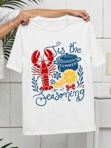 DrmWander 复古小龙虾图案宽松圆领女式加大码T恤，复古美学小龙虾夏季设计，休闲T恤 - 白色 - 查看 3