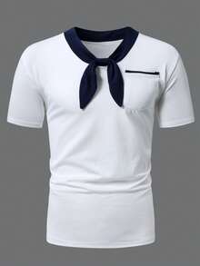 Manfinity Homme Men's Contrast Trim Pocket Twist Casual Short Sleeve Polo Shirt - White - View 5