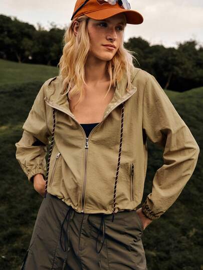 Medorelle 女士抽绳连帽拉链前袋休闲多功能日常户外运动长袖外套