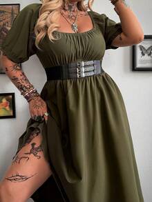 Whyspr Đầm midi tay ngắn màu xanh rêu quân đội cỡ lớn, kiểu dáng tối giản, phù hợp cho việc đi làm. - xanh quân đội - Xem 4