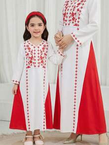 SHEIN Young Girl Print Color Block Long Sleeve A-Line Dress - White - View 7