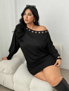 Auralis 大码女式休闲时尚街头风日常通勤连衣裙，饰有金属孔眼，不规则领口灯笼袖修身设计，春秋季款 - 黑色 - 查看 4