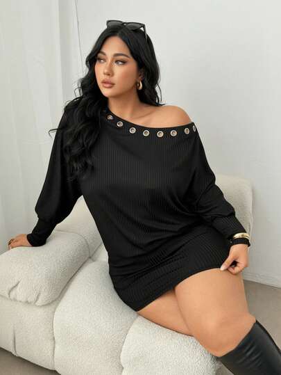 Auralis Plusstorlek Damklänning Casual Mode Gatustil Daglig Pendling Grommet Detalj Oregelbunden Halsringning Lanternärm Åtsittande Klänning, Vår/Höst