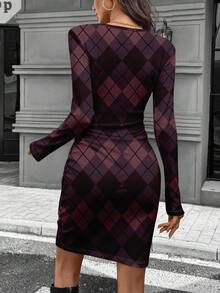SHEIN LUNE Autumn Long Sleeve Ruched Waist Tight Fitted Elegant Ribbed Short Dress For Women, Autumn/Winter,Plaid Dress Spring,Casual - Purple - View 2