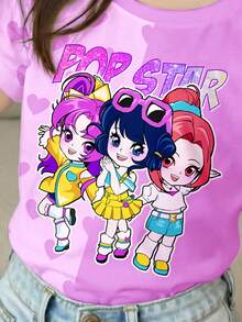 SHEIN Cartoon Girl, Dopamine Color Purple Heart Contrast Print, Baby Girl Casual Minimalist Short Sleeve Crew Neck Top, Suitable For Summer - Multicolor - View 3