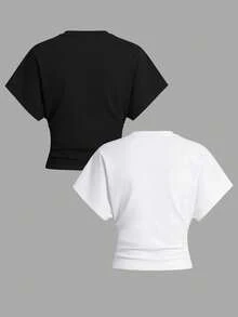 Airaco 2pcs Black & White Crew Neck Casual Versatile Short Sleeve T-Shirts, Summer - Multicolor - View 2