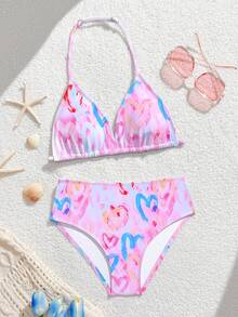 SHEIN 女童比基尼套装（8-14岁）可调节肩带热带印花防晒泳衣 - 彩色 - 查看 3