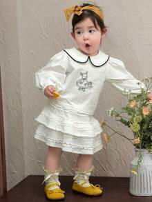 DAZY Toddler Girls' Peter Pan Collar Cartoon Embroidery Korean Style Long Sleeve Top - White - View 3
