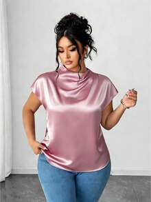 Elenzga Plus Size Women's Elegant Black Poplin Solid Color Shirt, Spring/Summer - Pink - View 4