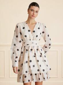 Aveloria Modichic Black & White Polka Dot V-Neck Tiered Ruffle Waist Dress, French Romantic Vintage Elegant, Suitable For Afternoon Tea, Romantic Retro Girly Style - Black and White - View 6