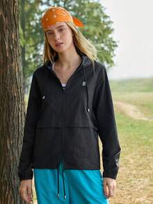 In My Nature Women's Hooded Zipper Front Letter Print Casual Versatile Daily Outdoor Long Sleeve Jacket - Black - View 3