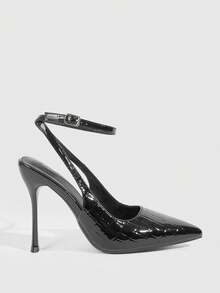 CUCCOO SZL Pointed Toe Stiletto High Heel Black Glossy Fabric Fashion Versatile Sexy Party Ankle Strap Women's High Heel Pumps, Women's Backless Pumps For Christmas Valentine's Day - 7639 stone pattern black - View 4