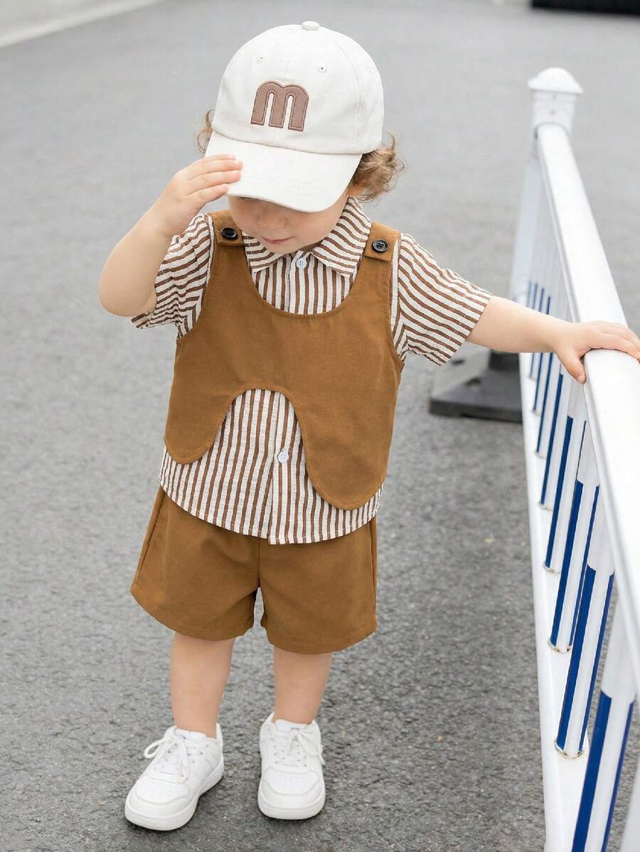 SHEIN 3pcs Baby Boy Preppy Style Outfit Set: Striped Shirt, Khaki Shorts, Suspender Pants, Bow Tie. Suitable For Birthday Party, Rave, Evening Party, Performance, Wedding, Baby Shower, 1st Birthday Celebration
