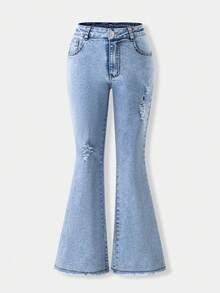 SHEIN Girls' High Waist Retro Washed Blue Flared Jeans, Children Elastic Slim Fit Ripped Distressed Casual Everyday Versatile Denim Flare Pants - Light Wash - View 5