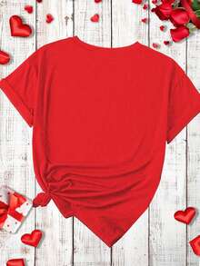 DrmWander 爱心印花休闲简约圆领短袖修身大码女式T恤，适合夏季、情人节礼物、户外穿着 - 紅色 - 查看 2