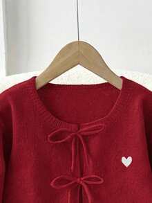 SHEIN Frenchy Áo khoác cardigan nữ kiểu dáng tối giản, màu đỏ đậm, nền trắng, thêu họa tiết trái tim thật, có nơ, thích hợp cho mùa xuân/hè. - Nhiều màu - Xem 5