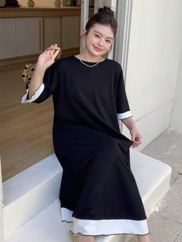 Dazy Plus Plus Size Women Round Neck Color Block Casual Daily Date Outing Dress Sun Dresses For Women