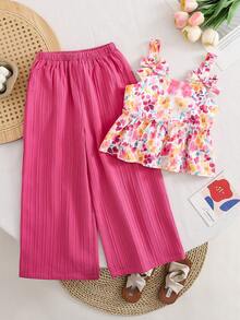 Emery Rose Kids Emery Rose Kids 2pcs Young Girl Ditsy Floral Camisole Top And Long Pants Set - Burgundy - View 6