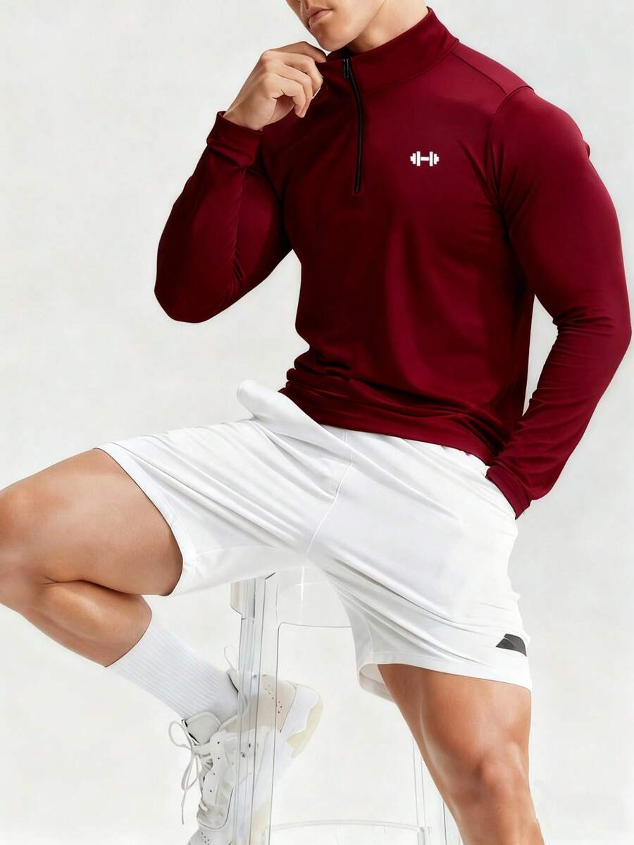 Gym Rark 男士杠铃印花拉链半开襟长袖运动夹克,适合网球、健身房、足球等运动,轻便 - 酒紅色 - 查看 1