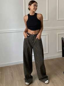 Livesso 女士破洞阔腿牛仔裤，西部风格 - 棕色 - 查看 4