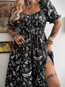 Whyspr Plus Size Women Butterfly & Skull Print Waist Cinched Puff Sleeve Party Dress - Multicolor - View 4