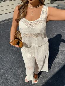 Lounesse 加大码两件套女装，方领镂空提花面料，休闲通勤度假款 - 米色 - 查看 1