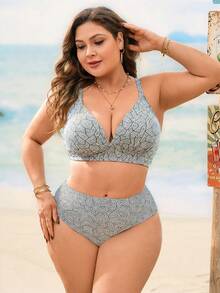 SHEIN Swim Lushore Áo bikini mùa hè dành cho nữ cỡ lớn, họa tiết hình học, dây đeo có thể điều chỉnh, thoải mái. - Nhiều màu - Xem 4