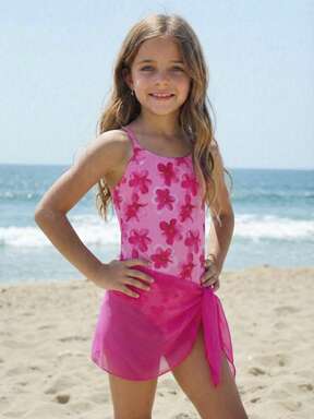 SHEIN Tween Girls Blue White Vacation Fushia Floral Side Bow Decor Casual One-Piece Swimsuit With Cover-Up Skirt