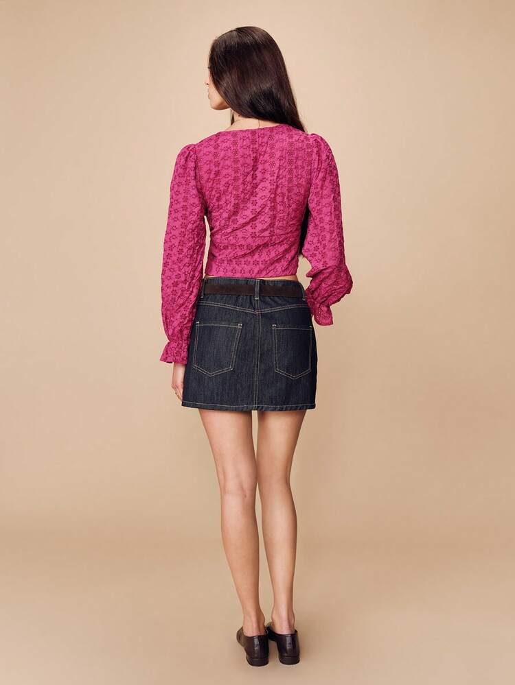 Fuchsia Embroidered V-Neck Long Sleeve Top With Puff Sleeves Romantic Spring Summer Style French Style Parisian Style Business Casual