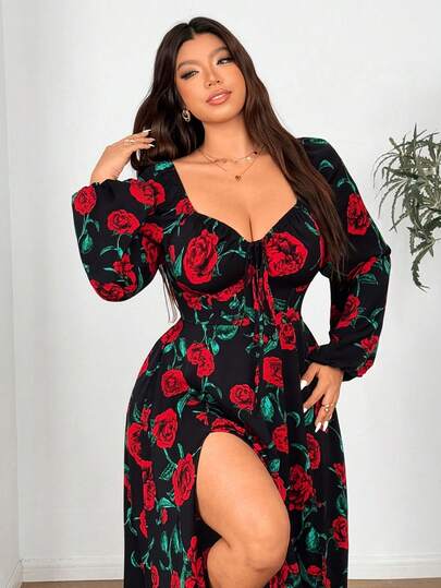 Vionelle Plus Size Elegant Rose Flower Print Sweetheart Neck Lantern Sleeve Dress, Autumn