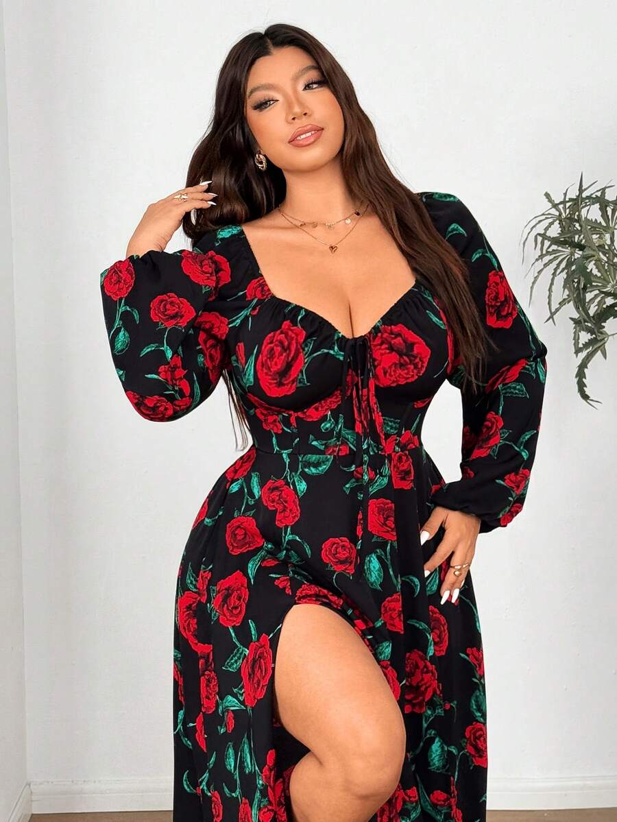 Vionelle Plus Size Elegant Rose Flower Print Sweetheart Neck Lantern Sleeve Dress, Autumn - Black - View 1