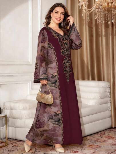 SHEIN Najma 大码女式紫色渐变花卉拼接仿刺绣印花V领长袖优雅阿拉伯风长连衣裙，春夏款