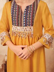 SHEIN Tween Girl Polyester Yellow Modest Midi Dress A Line Long Regular Sleeve Square Neck Geometric Pattern Zipper Casual,Kids - Yellow - View 5