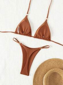 SHEIN Swim Summer Beach Ring Linked Triangle Bra & Swim Bottom Bikini Set Bathing Suit - Rust Brown - View 2